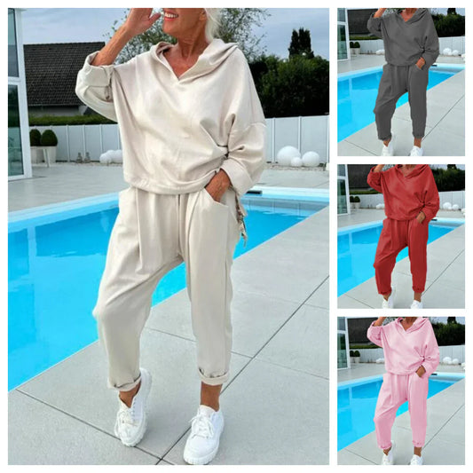 Kvinnors enfärgad tvådelade set i hoodie【Topp + byxor】