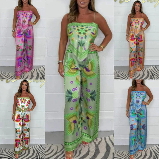 🔥Ny Ankomst- 49% rabatt💝Spaghettistropp med tryck och lösa byxor för kvinnor 2-delad Set