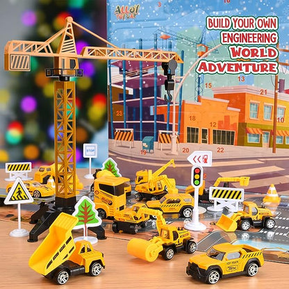 🎁 Byggteknikfordon Adventskalender – 24 överraskningar, diecast-modeller & lärorik lek – perfekt för julkalendern och små ingenjörer 🏗️🚛