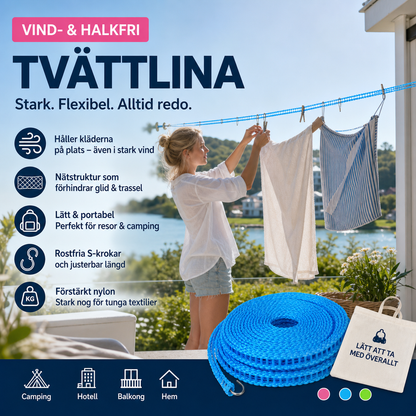🔥 KÖP 1 FÅ 1 GRATIS 🌬️ Vindtät & halkfri tvättlina – håll kläderna på plats hemma, på resan och under campingäventyret! 🧺✨