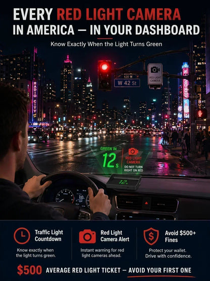 🚗50% RABATT NU! Head-up-display för bil med GPS, digital hastighetsmätare – nedräkning till trafikljus och rödljusvarning via HUD, universell varningsenhet för förarsäkerhet för att undvika böter vid stadskörning