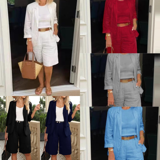 💕Elegant linne shorts och blazer set för kvinnor