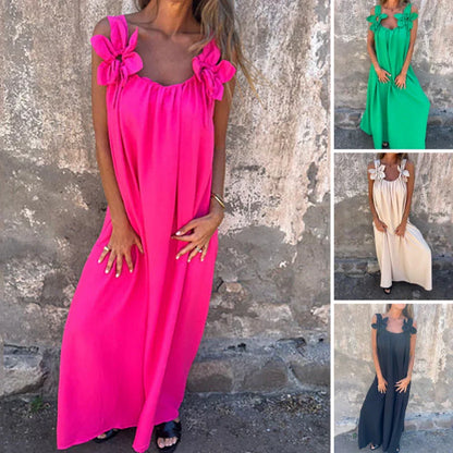 💕Ettfärgad klänning för kvinnor med blommönster och U-formad halsringning