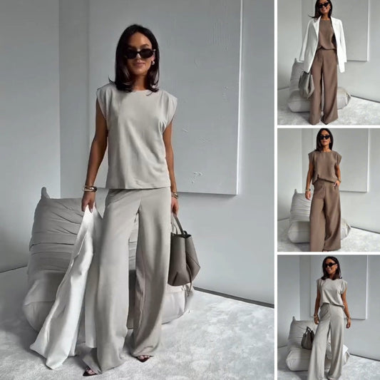 【S-5XL】💖T-shirt och byxor med vida ben i 2-delat set för kvinnor