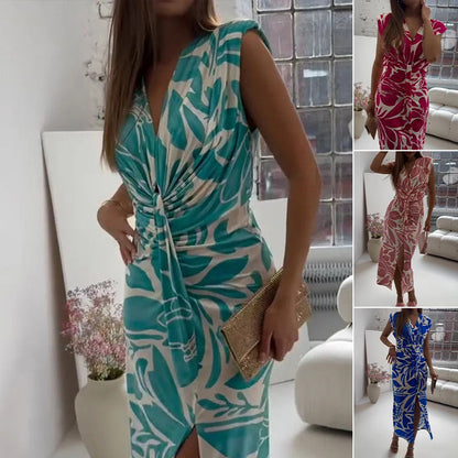 🌺 2025 Sommar nyanlända 👗Ärmlös tryckt klänning med slits✨