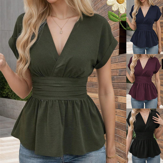 Damen T-Shirt mit V-Ausschnitt, Taillenformung, einfarbig, tiefem Ärmelrock und Plissee
