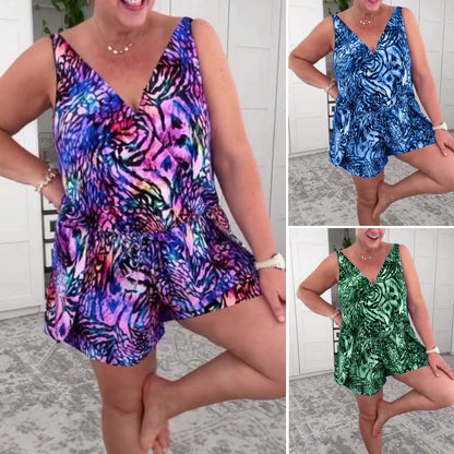 🌸Oumbärlig för en semester vid havet🌸Ärmlös baddräkt med V-ringning och tryck 😍Gratis solskyddsmedel