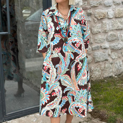 🌸Nyheter för vår/sommar ✨Färgglad retroblommig klänning med fickor och 3/4-ärm