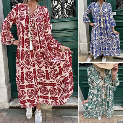 💕Sommarrea 50% RABATT💃Damklänning med tryck och v-ringning, veckad