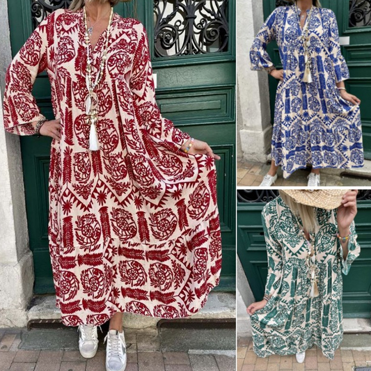 💕Sommarrea 50% RABATT💃Damklänning med tryck och v-ringning, veckad