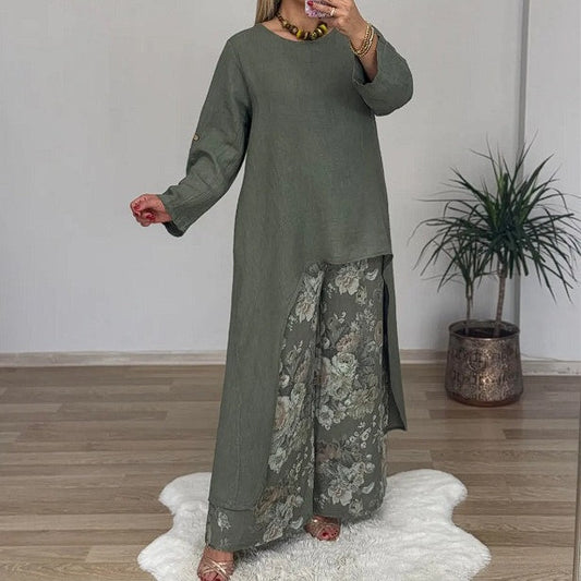 💖Asymmetrisk topp & byxor med tryck 2-delat set för kvinnor💞