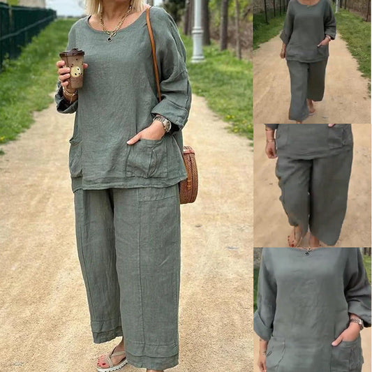 Linne-bomull löst sittande topp och byxor i set