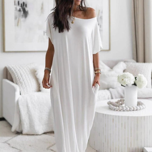 👗 50% RABATT! 💃 Lång Sommarklänning för Damer – Ledig Stil, Lös Passform, Enfärgad & Korta Ärmar För En Avslappnad Look ☀️