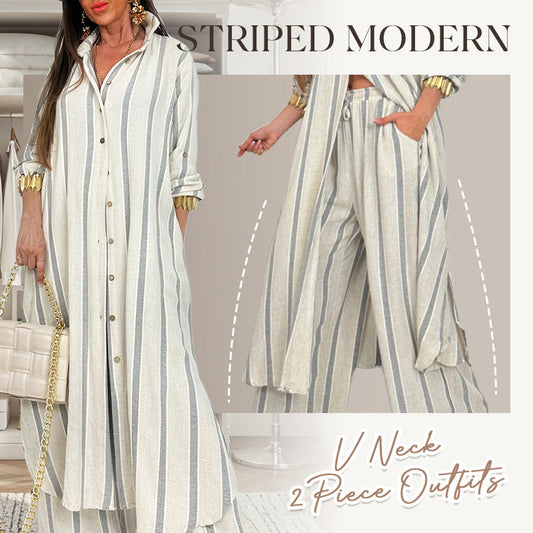 Randiga moderna V-ringade 2-delade outfits för kvinnor