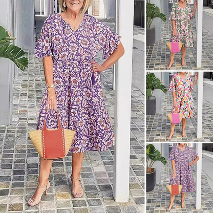 Gedrukte mosseljurk met V-vormige halslijn