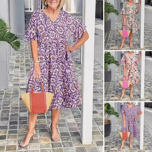 Gedrukte mosseljurk met V-vormige halslijn