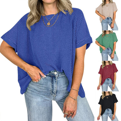 Mysig ribbad överdimensionerad t-shirt för kvinnor