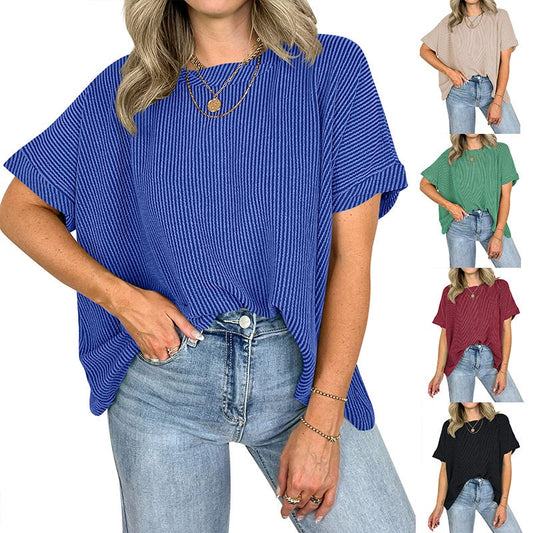 Mysig ribbad överdimensionerad t-shirt för kvinnor