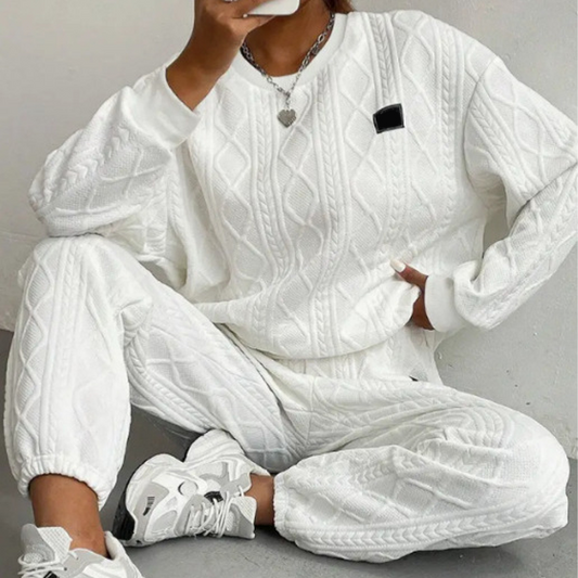 Casual långärmad stickad tröja & byxor 2-delat set