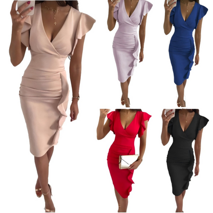 V-ringad, volangförsedd, slim fit, sexig klänning med hög midja