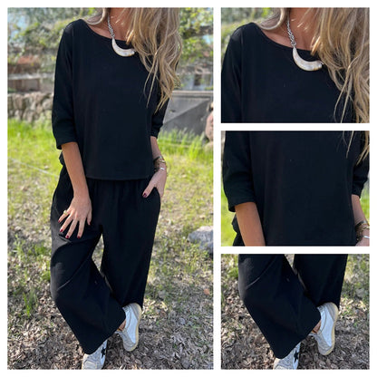 Enfärgat tvådelat set i bomull och linne