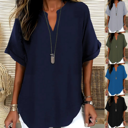 👚 60% RABATT! 🔥 Modern, Lös Kortärmad Topp – V-ringning med Skåra, Asymmetrisk Fåll & Lätt Tyg (5 färger, S–2XL) 🌸