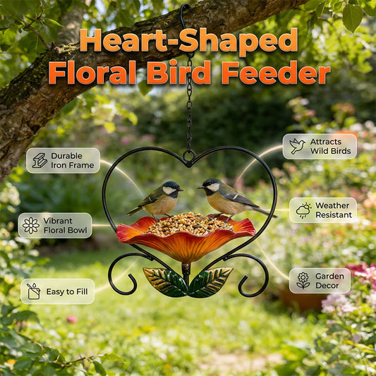 🐦 Få 50 % rabatt nu! 💖 Hjärtformad fågelmatare – blommönster, hängande, rostfri, perfekt för din trädgård eller balkong 🏡