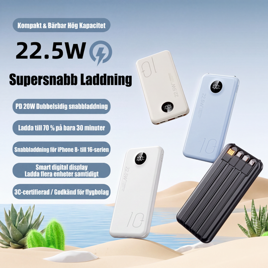 Snabbladdande powerbank med inbyggda kablar